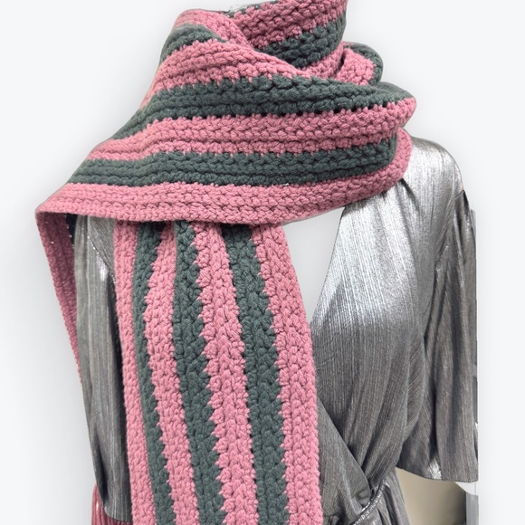 Auth Gucci X Long Thick Knit Pink Green Striped Muffler Stole Scarf - Picture 5 of 16